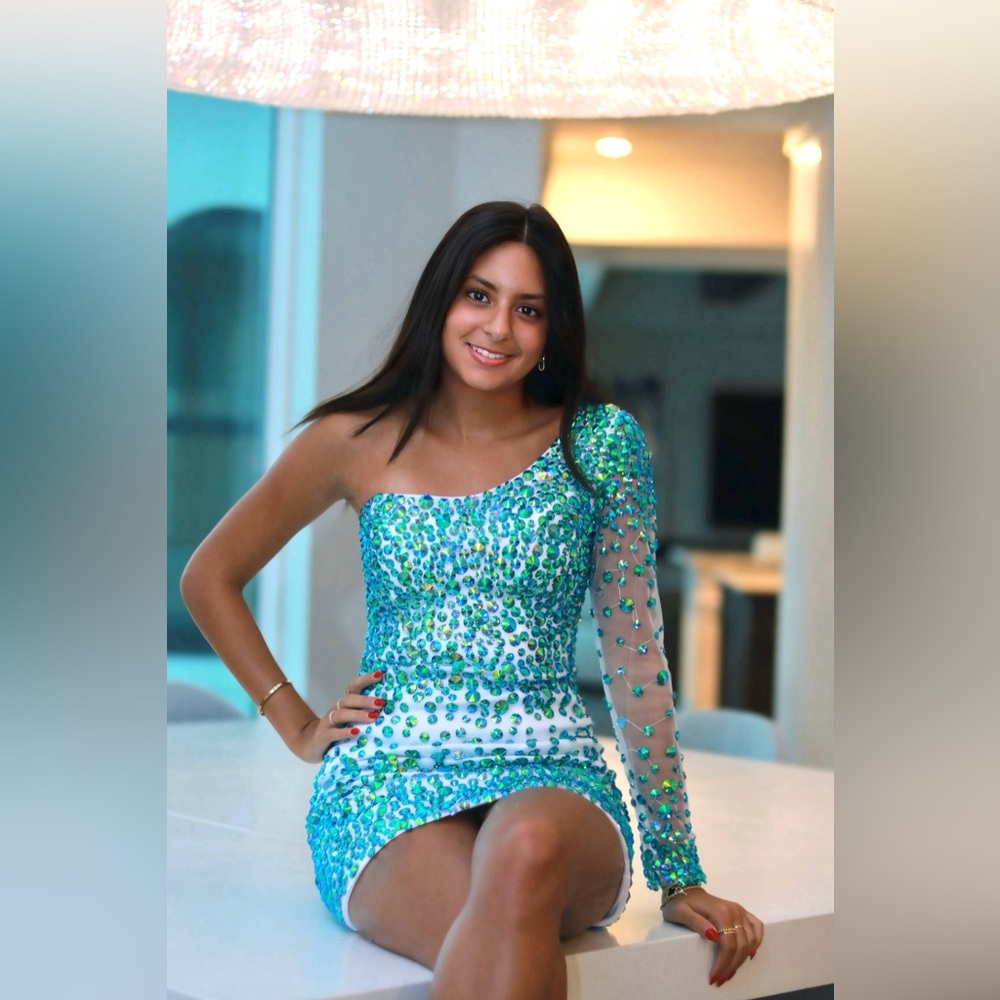 Fully bedazzled off shoulder dress with sheer sleeve homecoming size 2, 4, 12